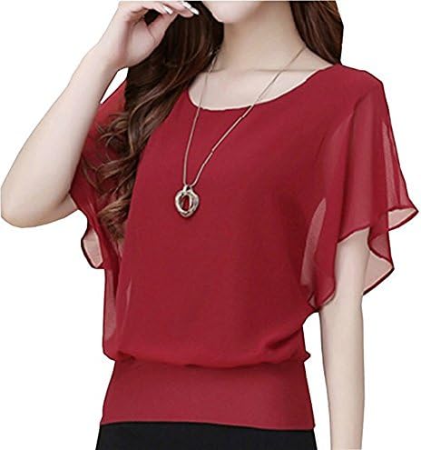 HeFashion Womens Casual Loose Chiffon Blouses Scoop Neck Short Sleeve Tops Shirts(Wine Red L)