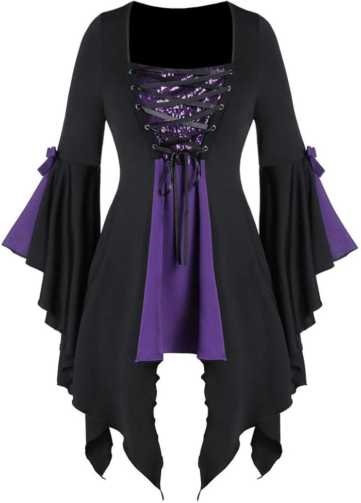 LOKODO Women Halloween Gothic Costume Plus Size Long Sleeve Tops Sequined Blouse Lace Up Tunic Tee Ball Gowns Dress