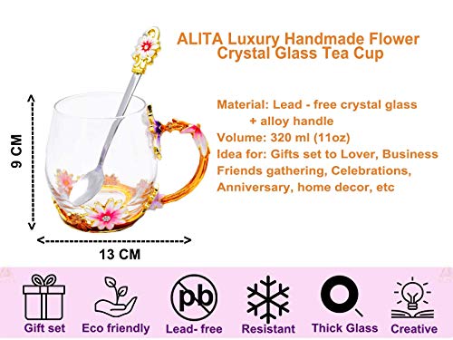ALITA Luxury Handmade Pink and Purple Flower Crystal Glass Tea Cup/Coffee Mug with Spoon Gift Set (11oz)