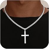 HIMSTORY 925 Sterling Silver Cross Necklace for Men, 5MM Diamond Cut Cuban Link Chain Silver Cross Pendant Necklace Christian Gifts for Boyfriend Father Husband