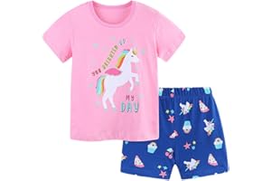 VEOAY Girls Summer Outfits Toddler Girl Shorts Set Cotton Casual Short Sleeve Shirt and Shorts 2-7T