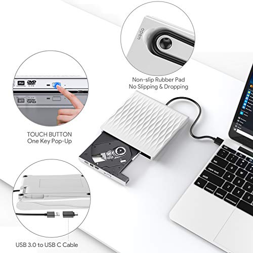 External CD DVD Drive,AUCEE USB 3.0 Type C Dual Port Slim Portable External CD DVD Rewriter Burner Writer, High Speed Data Transfer External USB Optical Drives for Laptop/MacBook/Desktop (White) - Thumbnail 5