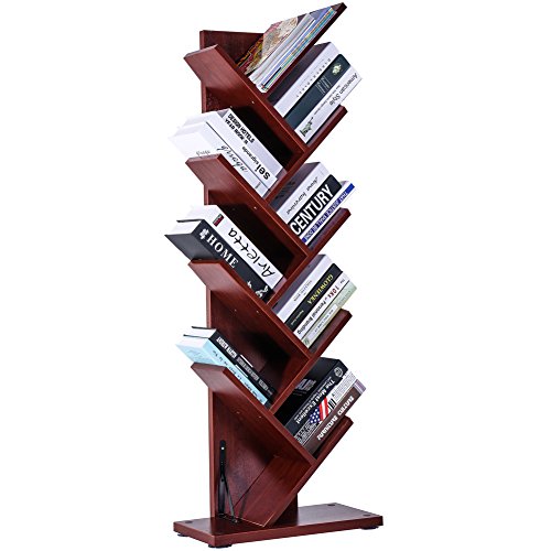 SUPERJARE 9-Shelf Tree Bookshelf | Thickened Compact Book Rack Bookcase | Display Storage Furniture for CDs, Movies & Books | Holds Up To 10 Books Per Shelf | Cherry