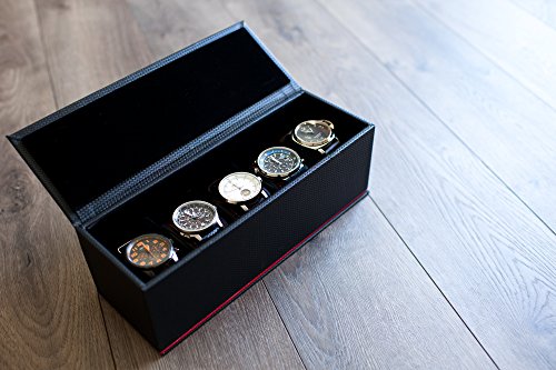 Caddy Bay Collection Carbon Fiber Pattern Watch Case Box Holds 5 Watches with Teal Blue Stripe/Stitching NEW AND IMPROVED