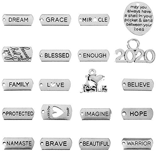 160 Pieces Word Charms Pendants Engraved Motivational Charms Pendants 20 Styles Inspiration Words Charms for Crafting Necklace Bracelet