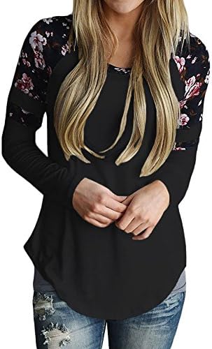 Ankosen Women's Floral Print Long Sleeve Crew Neck Casual Slim Blouse Top Black XL