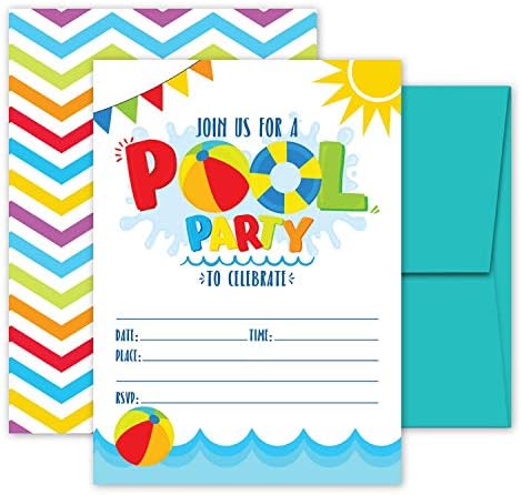 Deluxe Pool Party Invitations, Swimming Kids Birthday Party Invites, Adults, Children, Teen, Boys and Girls- 20 Large 5 x 7" Flat Double Sided Fill In Cards with Aqua Envelopes