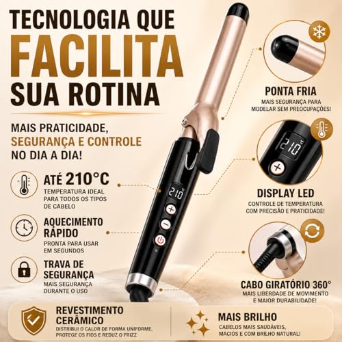 Modelador de Cachos Profissional 25mm Bivolt com Revestimento Cerâmico, Controle de Temperatura LED e Cabo 360° – Cachos Naturais e Duradouros