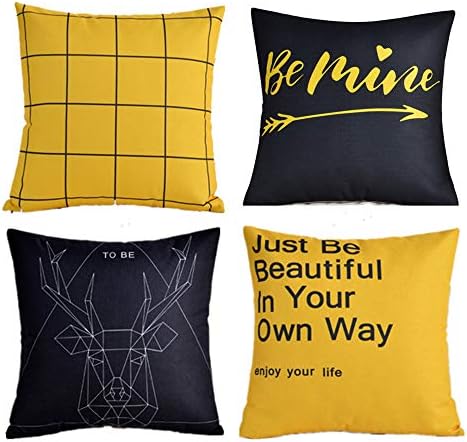 InsLooks Cotton Linen Throw Pillow Covers 18 x 18 Decorative Cushion Covers Set of 4 (Yellow Black)