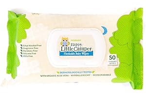 Happy Little Camper Natural Flushable Baby Wipes with Aloe Vera and Chamomile Extract, Chlorine-Free, Unscented Wet Wipes, Hypoallergenic, Gentle on Sensitive Skin, Septic Safe, 50 Count