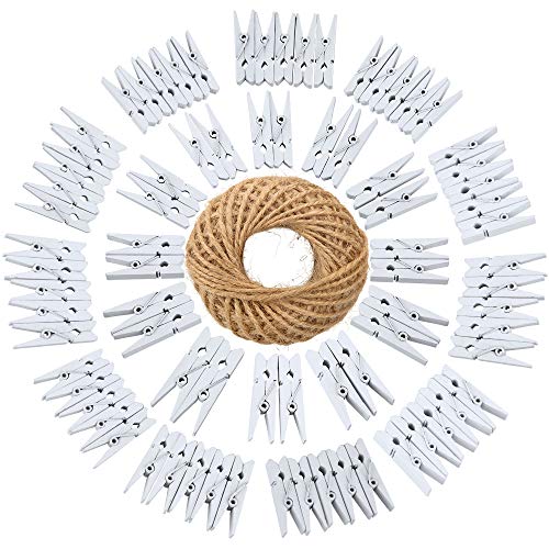 jijAcraft Wood Clips,White Clothespins,100 Pcs Wooden Clothespins with 100 Feet Jute Twine,3.5cm Photo Paper Peg Pin Craft Mini Clips