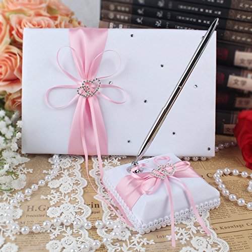 Wedding Flower Girl Basket and Ring Bearer Pillow Set, Pink Satin, Ring Pillow + Flower Girl Basket + Wedding Guest Book +Pen Set + Garter Cover - Thumbnail 2