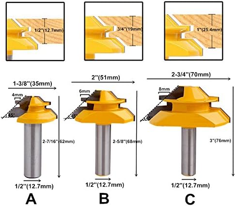 AKHS 1/2" Shank Set of 3 Lock Miter 45 Degree Glue Joint Router Bits Tongue and Groove Set, Router Bit Set Wood Door Flooring Wood Milling Cutter Woodworking Tool