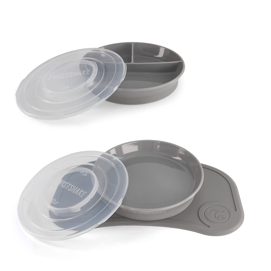 Twistshake Baby Tableware Set Mini | 2 Pack | Grey | BPA-Free | Training Plate | Suction Plate + Divided Plate + Placemat (31x17cm) | Dishwasher Safe