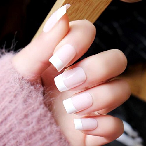 Yean False Nails 24Pcs/Set Fake Nails Bridal Full Cover Medium Pink and White Square Nail Tips with Design Press on Nails with Glue and Adhesive Tab for Women and Girls