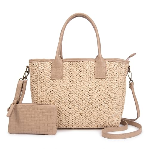 Bolso Rafia Mujer - Bolso de Verano Mujer - Bolso Bandolera Mujer Verano - Cremallera Superior y Neceser Pequeño - Bandolera Casual para Primavera y Viajes (Apricot)