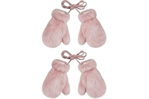 2 Pairs Kids Faux Fur Mittens Winter Warm Fingerless Plush Gloves Cute Hanging Neck Furry Mittens for Girl Boy