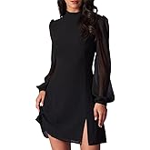 RIHOAS Women's High Neck Sheer Sleeve Cocktail Dress, Slim Fit Long Sleeve Side Slit Little Black Dress