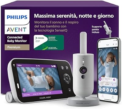 PHILIPS Baby Monitor Premium Connected Avent con app - videocamera HD 1080p, monitora sonno e respirazione con IA, traduzione pianto, certificato DEKRA per sicurezza, supporto da parete, SCD974/26