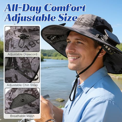 Solar Fan Hat,Solar Powered Fan Hat for Men Women,Wide Brim Sun Hat with 2 Solars Fan,2-in-1 Hands-Free Hats Fans