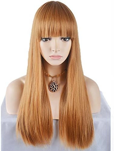 Girls Women Long Straight Heat Resistant Synthetic Full Wig Cosplay Party Wigs (Golden) +Wig Cap+Eyelash