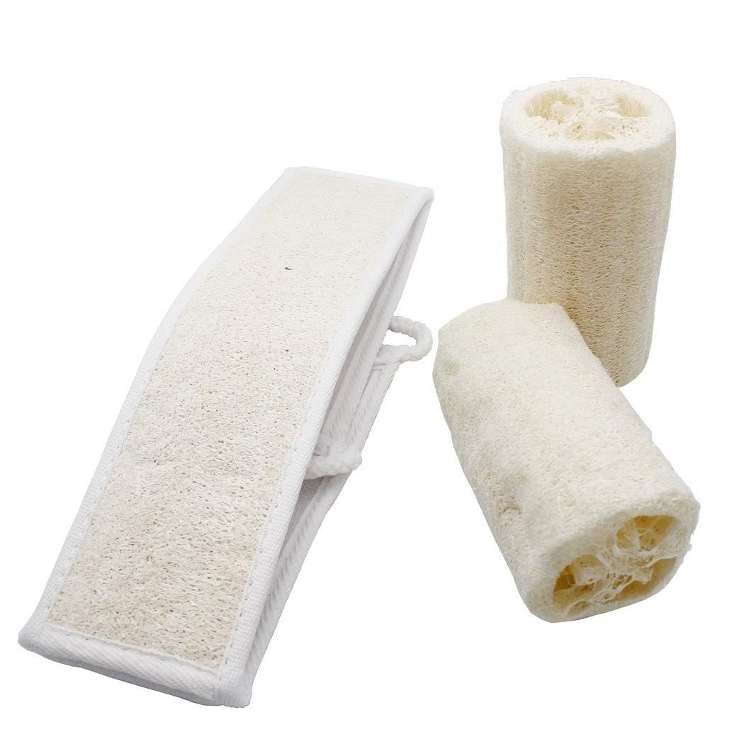 Abcsea loofah back scrubber, loofah natural brush, body shower scrubbing sponge, bath brush,two loofahs and one bath brush(random color)