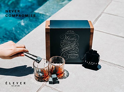 Whiskey Glasses and Stones Gift Set - Luxury Drink Kit with Premium Basalt Chilling Rocks (8 cubes), Glasses of 2, Tongs, Velvet bag in Exclusive Wood Decor Box - for wine, bourbon, scotch - by ÉLEVER