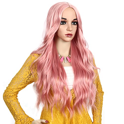 Luoleina Hot Pink Long Loose Curly Wavy Wigs for Women Ladies Girl Middle Part Heat Resistant Natural Looking Party Wig Heat Resistant Fiber Cosplay Wig
