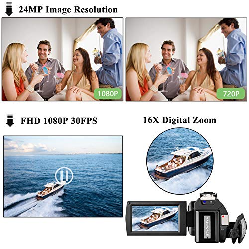 Video Camera Camcorder Digital Camera YouTube Vloggaing Camera Video Recorder Full HD 1080P 30FPS 24MP 3.0 Inch 270 Degree Rotation Screen16X Digital Zoom Camcorder with Remote Control (2 Batteries)