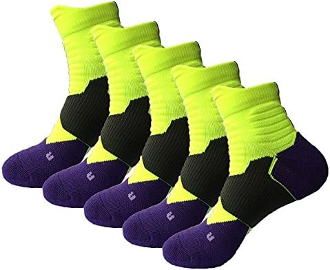Imosh Mens and Boys Dry-fit Compression Basketall Sports Socks Cushioned Athletic Colorful Ankle Socks, 5 Pairs Yellow with Purple