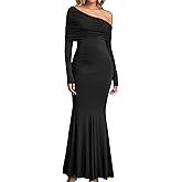 GLNEGE Off The Shoulder Fall Wedding Guest Formal Dress Long Sleeve Ruched Bodycon Maxi Cocktail Party Dresses for Women