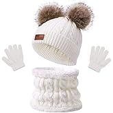 Kids Cute Pompom Winter Beanie, 3 In 1 Hat Scarf Gloves Set Knitted Fleece Lined Beanies Cap for Toddler Kids 1-6 Years Old