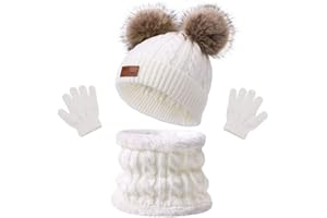 AIYUENCICI Kids Cute Pompom Winter Beanie, 3 in 1 Hat Scarf Gloves Set Knitted Fleece Lined Beanies Cap for Toddler Kids 1-6 Years Old (White)