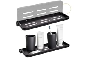 DEAYOU 2 Pack Folding Wall Shelf for Bathroom, 90° Fold Up Floating Shelf, Wall Mounted Drop Down Metal Shelves for RV, Campers, Laundry Room, Toilet Room, Kitchen, Waterproof, Space Saving, Black