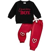 Karuedoo Toddler Baby Boy Valentines Day Outfit Lover Boy Embroidery Crewneck Sweatshirt and Pants Set Spring Clothes