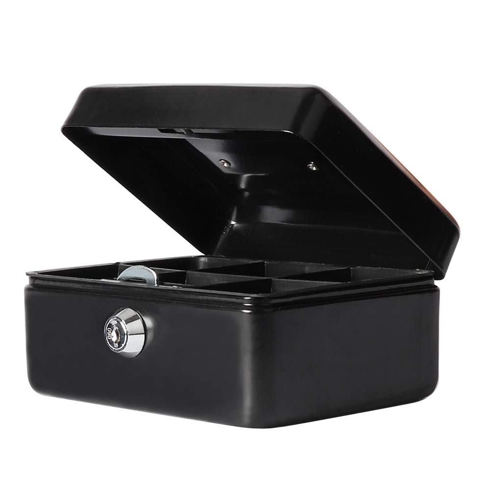 Small Cash Box with Key Lock, Parrency Portable Metal Money Box with Double Layer & 2 Keys for Security, 6 1/5" x 5" x 3", Black