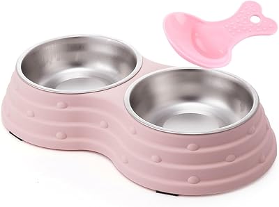 KuTi Kai Double Dog Bowls with Removable Stainless Steel Bowls Pink Medium