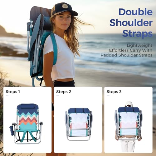 ALPHA CAMP Set of 2 Beach Chair, Beach Chairs Low Folding Lightweight, Foldable Backpack Beach Camping Chair with 4 Position, Cooler Bag, Headrest, Armrest, Wave Blue