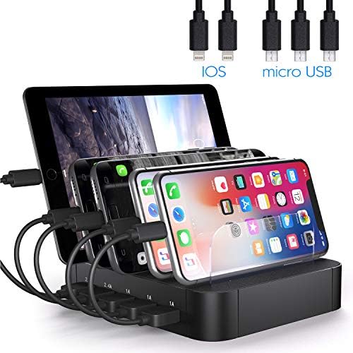 JZBRAIN Charging Station for Multiple Devices 5-Port Multi USB Charger for Cell Phone and Tablets (Black, 5 Short Cables Included)