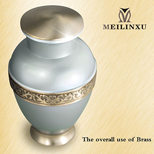Funeral Urn by Meilinxu - Cremation Urns for Human Ashes Adults and keepsake Urns - Design is Hand Engraved in Brass - Display Burial Urns At Home or in Niche at Columbarium (Elsene Pale Blue Urn