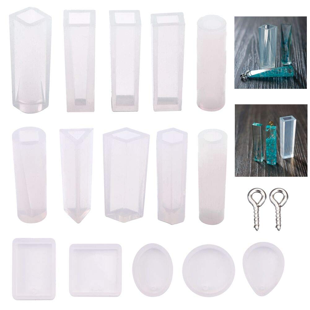 Vidillo Silicone Mould, 15 x Resin Pendant Jewellery Tool + 100 x Hooks Screws for Epoxy DIY DIY Necklace Earring Jewellery Earrings Ball Resin (115-Rectangle)