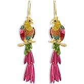 Rhinestone Parrot Bird Dangle Earrings for Women Girls Colorful Crystal Pink Feather Statement Drop Fish Hook Dangling Stud Lightweight Boho Carnival Holiday Prom Party Jewelry Gifts Souvenirs