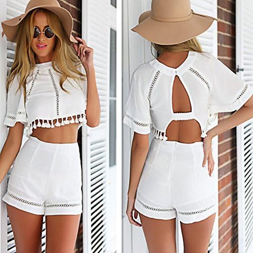 Women Girls 2 Pieces Set Overalls Crop Tops +Shorts Pants White