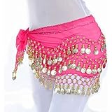 Fancy Steps Belly Dance Chiffon Hip Scarf Wrap Belt Tribal Coin Sash Gold Coins Hot, Pink