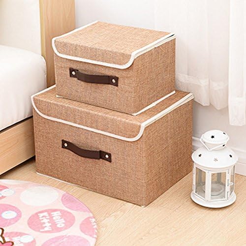 Larger&amp;Small Multifunction Foldable Polyester Linen Canvas Storage Containers,Convenient Cubes Basket Storage Bin with Lid for Clothing,sock,underwear,Toys,Books,Art,Craft supplies ect (Khaki)