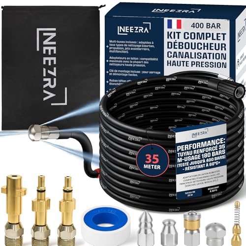 Complete 10-in-1 High Pressure Drain Unblocker Kit – 35 m Extra Long Reinforced Hose – 5 Nozzles + 3 Brass Adaptors – Compatible with Kärcher – Kärcher Ferret