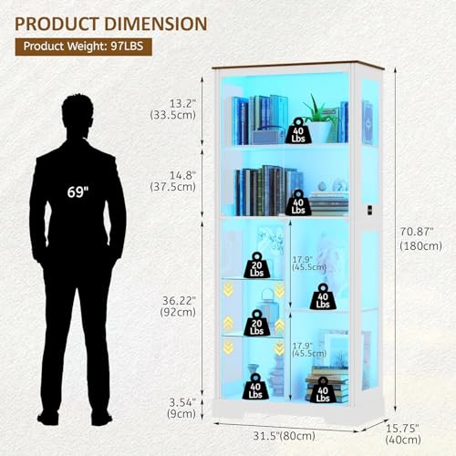 180cm Tall Display Cabinet with Glass Doors, Modern Curio Cabinet with 3 Color Lights, 7-Tiers Glass Display Cases for Collectibles, Tall Lego Storage Cabinet with Human Body Sensor (White)