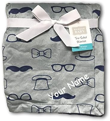 Personalized Hudson Baby REVERSABLE Little Gentleman Grey and Navy Blue Boy Mink Blanket Mustache and Bow Tie Print Design with Name Embroidery - 40 Inches