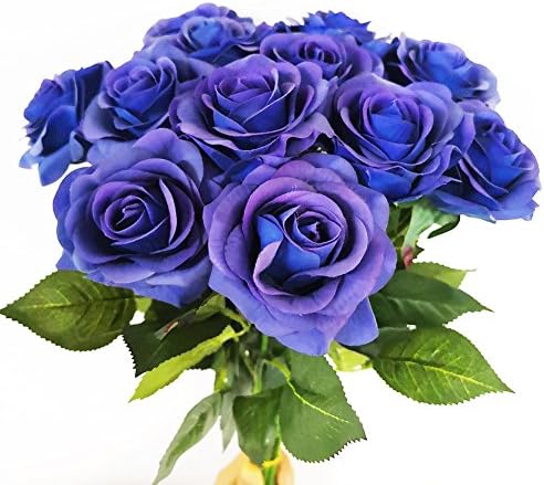 IPOPU 10 Pcs Romantic Real Touch Artificial False Latex Silk Blooming Roses Bouquet Floral Leaf for Home Wedding Party Garden Bridal Hydrangea Decorations DIY (Blue)