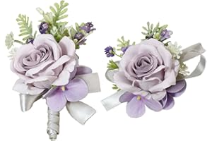 MAFELOE Artificial Rose Wrist Corsage Boutonniere Set for Groom Bride Groomsmen Bridesmaids, Corsage Wristband Men Boutonniere Wedding Party Prom Suit Decorations - Light Purple 2Pcs